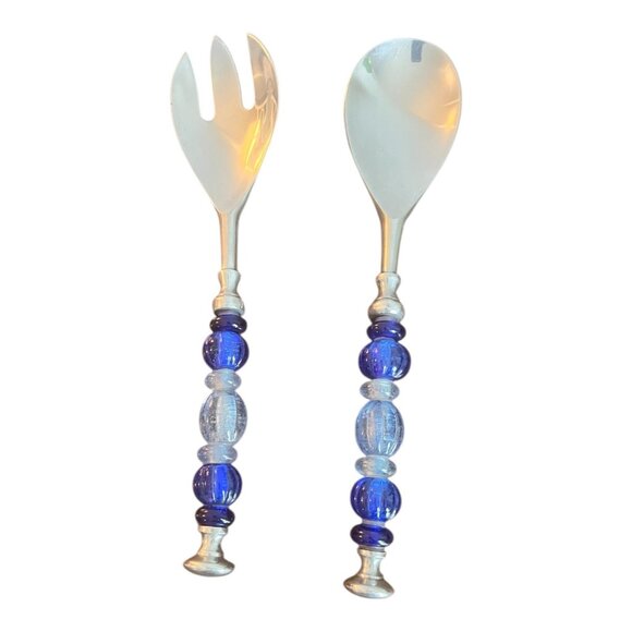 Stainless Steel Salad Fork and Spoon Set With Blue Acrylic Handles 11.5" - Picture 2 of 7